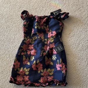 Lulu's Pop the Bottle Navy Blue Floral Jacquard Ruffled Mini Dress
